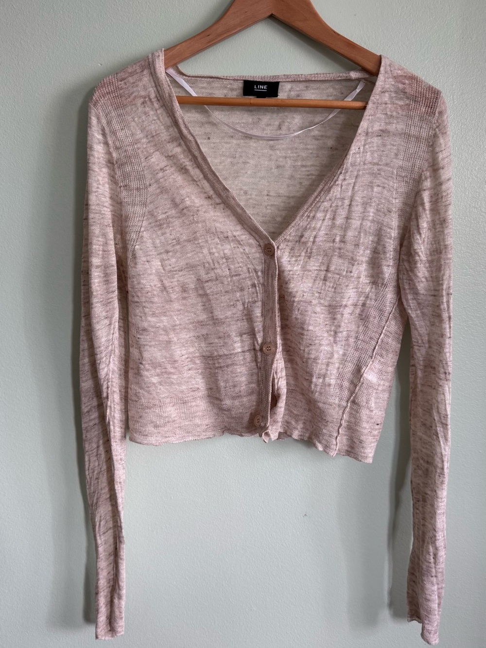 Linen Cropped V-Neck Cardigan in Blush Pink